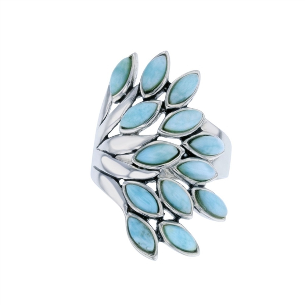 925 Sterling Silver Larimar Marquise Shapes Long Cluster Ring 7.88 gm